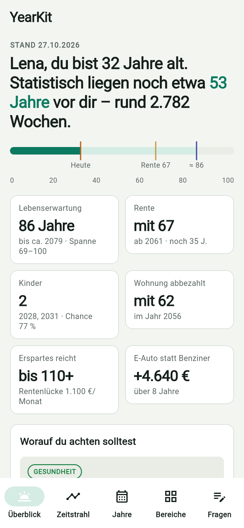 Überblick in YearKit: Lebensbalken, Lebenserwartung 86, Rente mit 67, zwei Kinder geplant, Wohnung abbezahlt mit 62